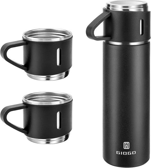 Vacuum Insulated Flask 500ml/17.6oz Stainless Steel Thermo Bottle with Cup for Coffee Water Hot and Cold Drink Flasks.(Black,Set)