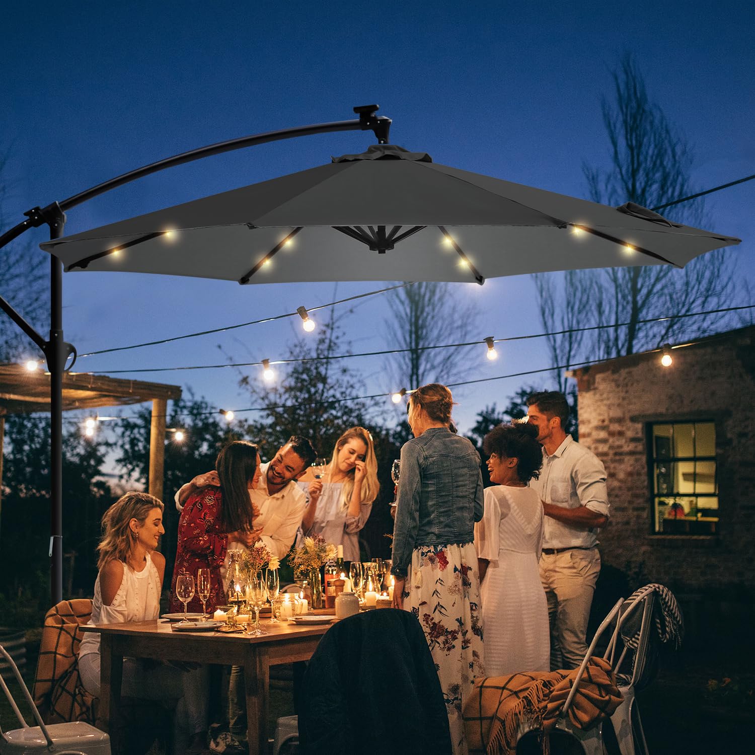 Sekey Ombrello solare a LED, 300 cm, LED a energia solare, protezione solare UV50+, robusto e stabile per il giardino, grigio scuro
