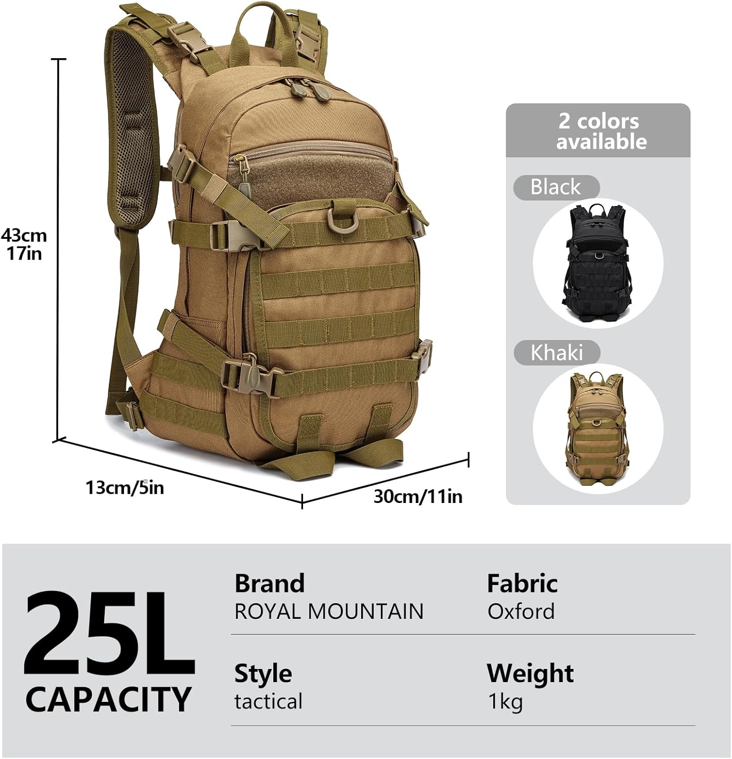 25L Small Tactical Backpack For Men, Military Waterproof Backpack With Multiple Pockets, 3-Day Bug Out Bag Molle Military Backpacks For Camping, Hiking, Traveling (Khaki)
