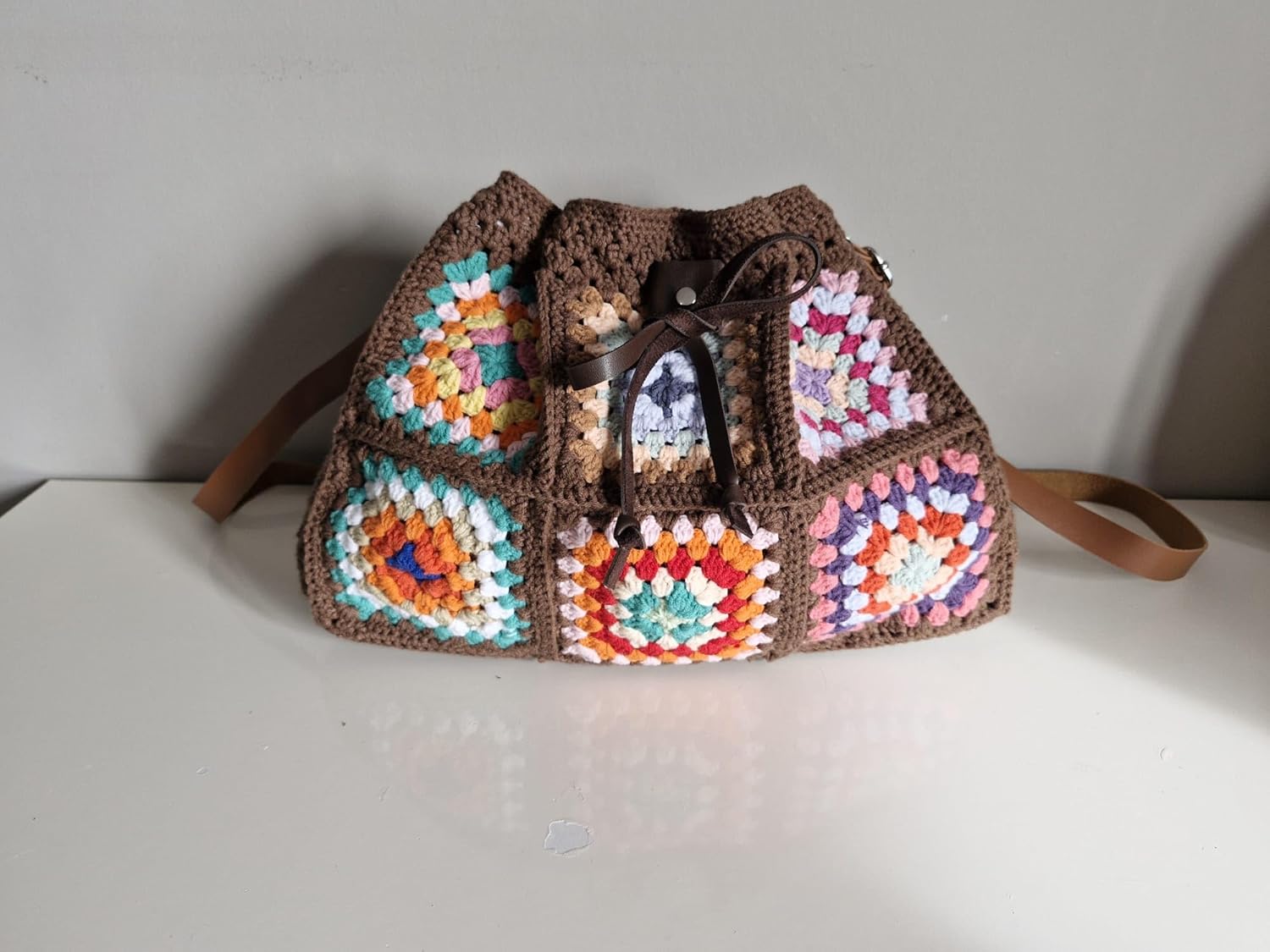 Designer Crochet Bucket Bag for Women – Colorful Granny Square Crossbody Purse, Vintage Boho Statement Handbag - Image 4