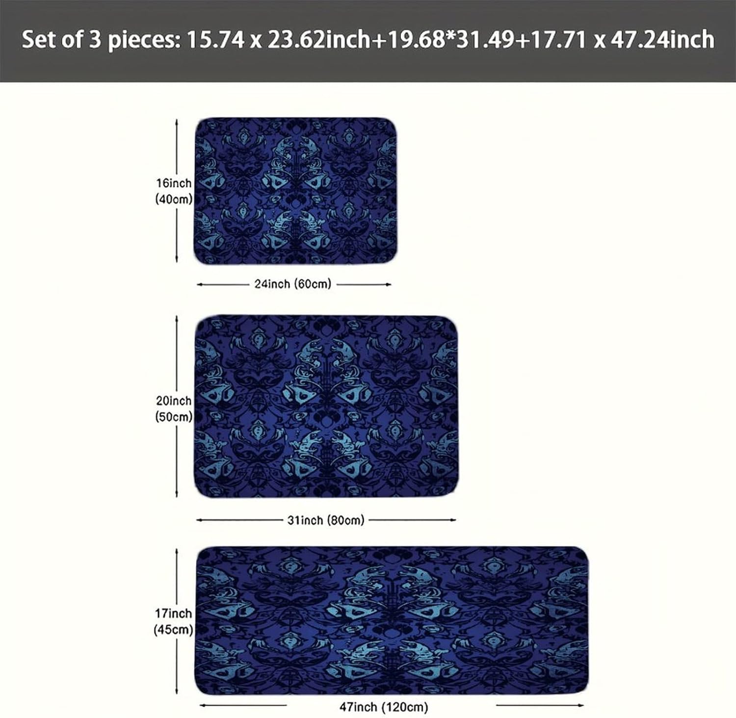 Blue Black Goth Spooky Kitchen Mat Set of 3 Waterproof Floor Mats Non-Slip Kitchen Rugs Premium Flannel Rug Heavy Duty Standing Mat for Kitchen Home Bathroom Laundry