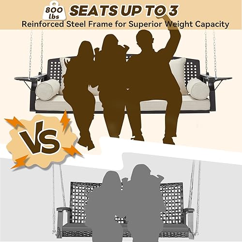 Miniatura 3 de Columpio de porche de 3 asientos, banco de columpio para patio con portavasos y 3 cojines de respaldo, silla columpio con cadenas para terraza,