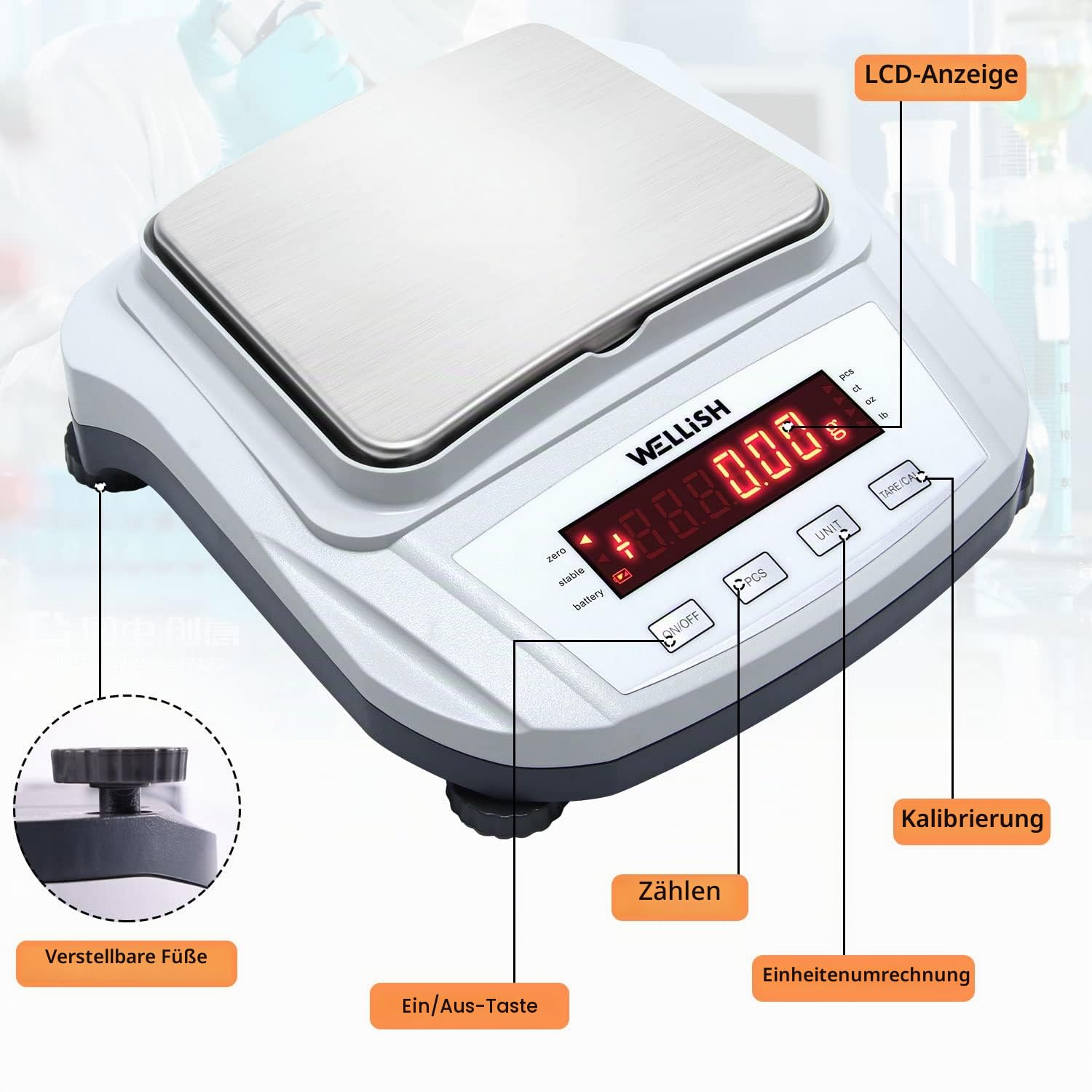 WELLiSH Präzisionswaage 2000gx0.01g Digitale Analysenwaage Elektronische Waage mit LCD-Anzeige