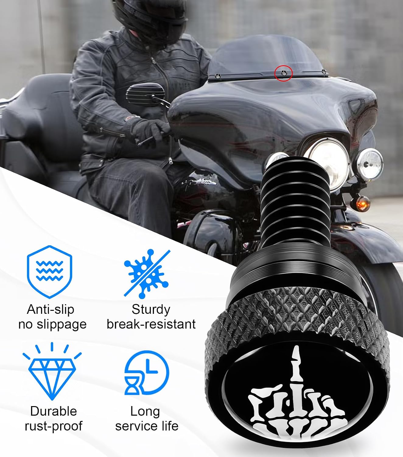 Motorcycle Skull Windshield Bolts, Fairing Bolts Compatible with Harley Davidson 1996-2013 Street Glide Electra Glide Ultra Classic Ultra Limited Tri Glide (Black(Flip Off))