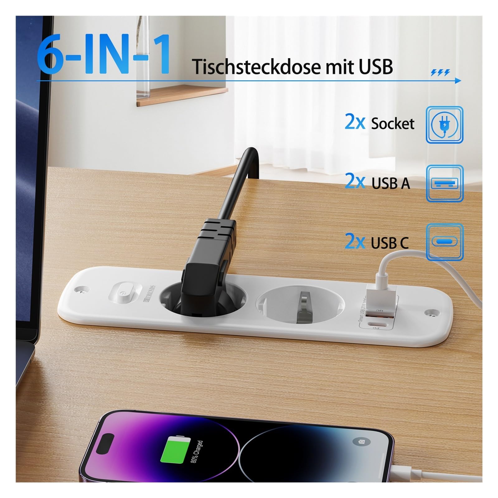 Carte d'alimentation intégrée à double prise ue, avec Port de charge rapide intelligent 2USB-A et 2USB-C PD20W, câble d'extension en spirale de 2 mètres(EU_110-250V_WHITE)