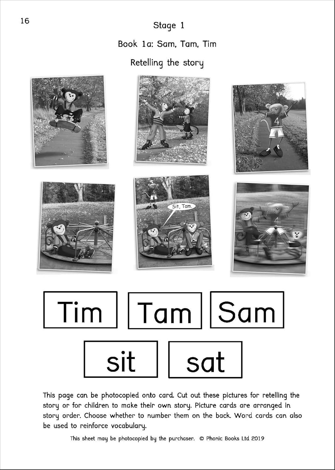 Example activity page from Dandelion Launchers book, showing picture cards and word cards for retelling a story.