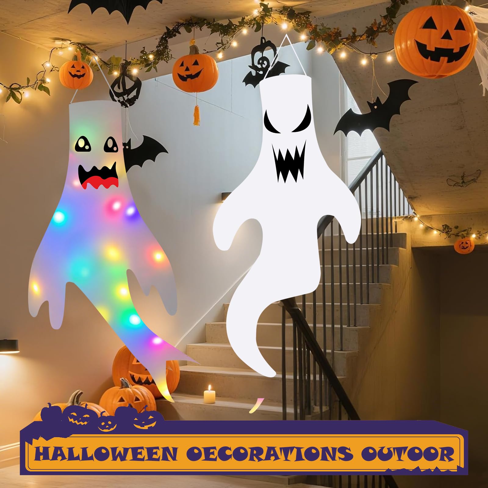 2 Pezzi Decorazione Halloween, Fantasma Manica a Vento con Luci LED, Ghost Windsock per Esterni, Giardino, Cortile, Patio, Casa