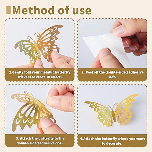 Miniatura 3 de 72 piezas de decoración de pared de mariposa dorada láser 3D, 3 estilos, 3 tamaños, calcomanías de pared de mariposa metálicas, mural de habitación,