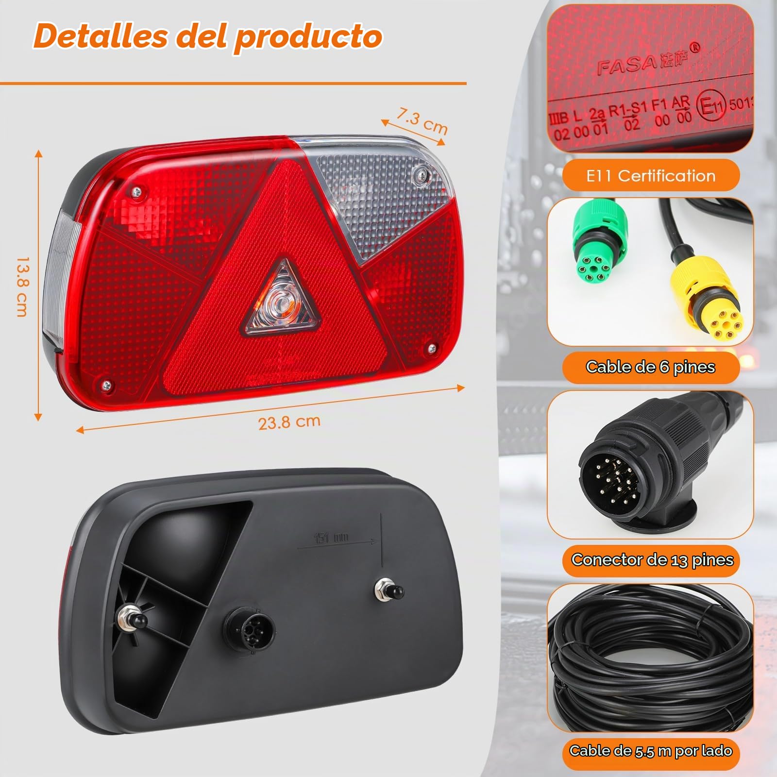 TLGREEN Juego de luces traseras para remolque iluminación de 13 pines 12V | luces traseras 7 funciones juego de 2 cables de 5,5 m, homologación E para coches camiones barcos caravanas y furgonetas