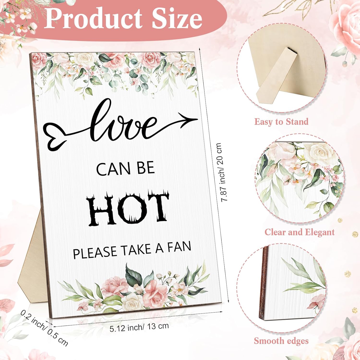51 Pcs Wedding Fans for Guests Flower Wedding Favors 50 Flower Heart Wedding Paper Fans with Wood Handle, 1 Pcs Love Can Be Hot Wooden Wedding Table Sign Bridal Shower Favor