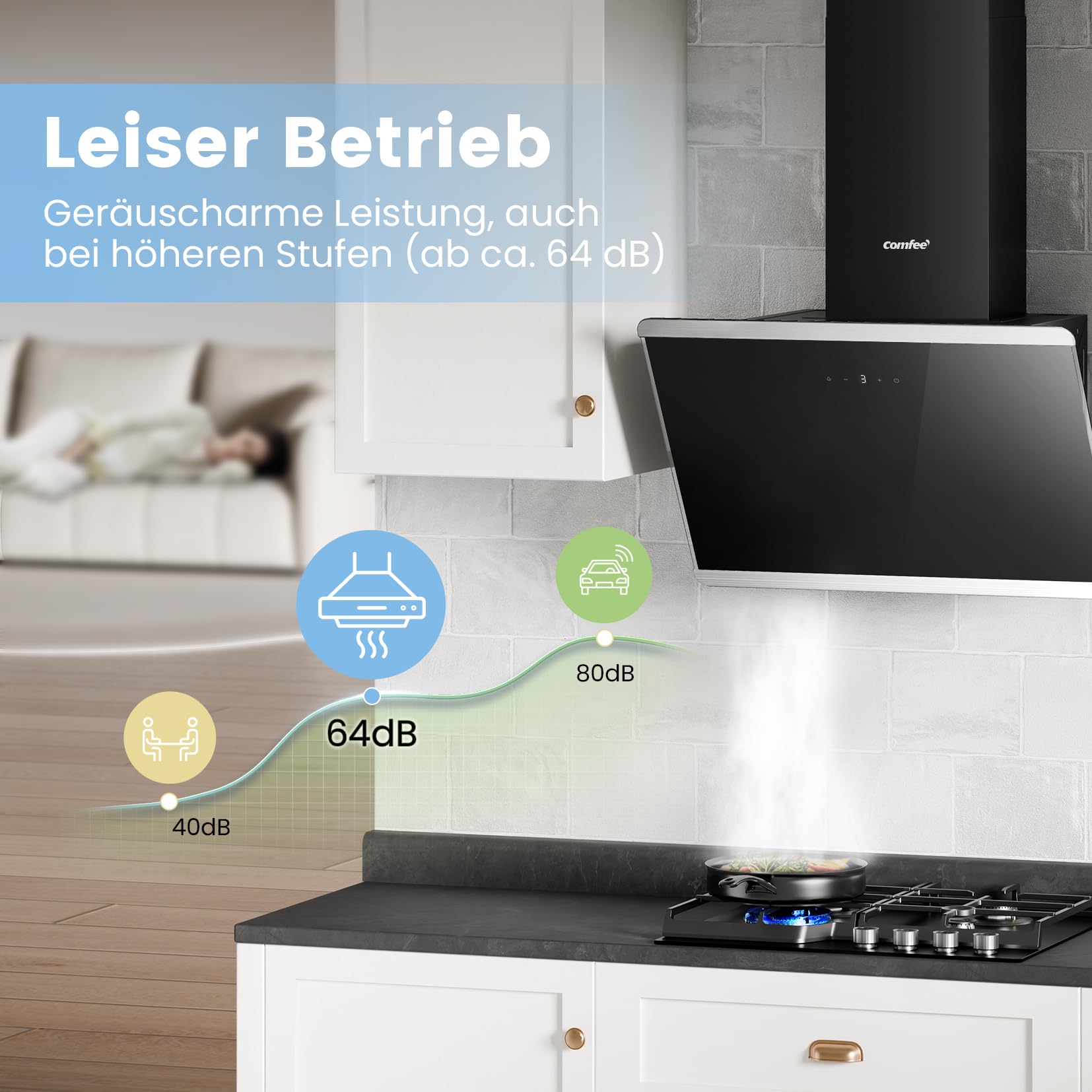 COMFEE' CH60J64ET4A2B A++ Dunstabzugshaube 60 cm Kopffreihaube Umluft Abluft 380m³/h Edelstahl Glas Touchscreen LED Kohlefilter Schwarz