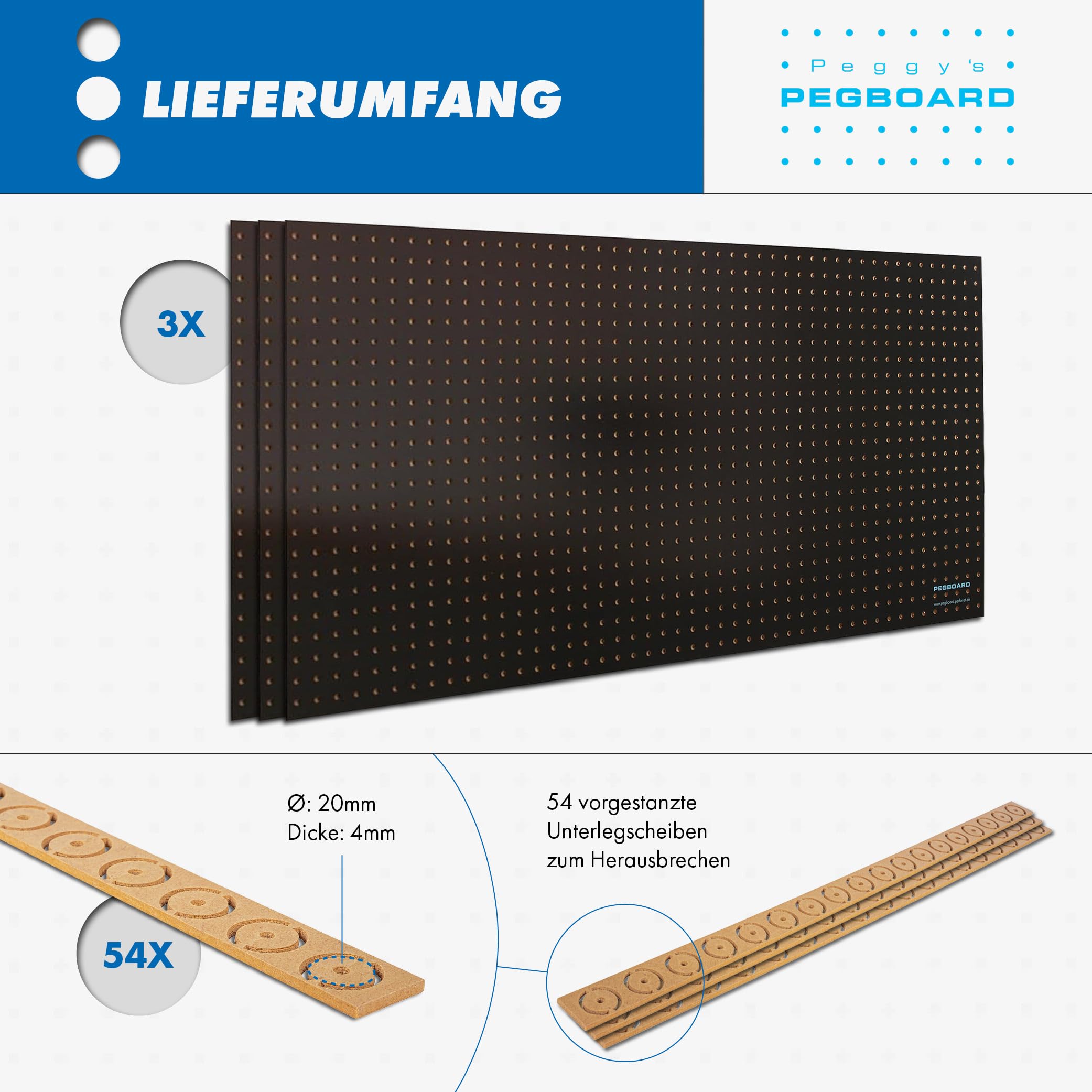 Pegboard 3 St. Werkzeugwand aus Holz (MDF) 120 x 60 x 0,5 cm - Lochung Ø7 mm Lochabstand 25,4 mm - schwarz lackiert - Made in Germany