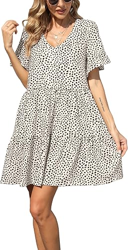 nclook - Vestidos informales de verano para mujer, con cuello en V, bolsillos y manga corta con volantes