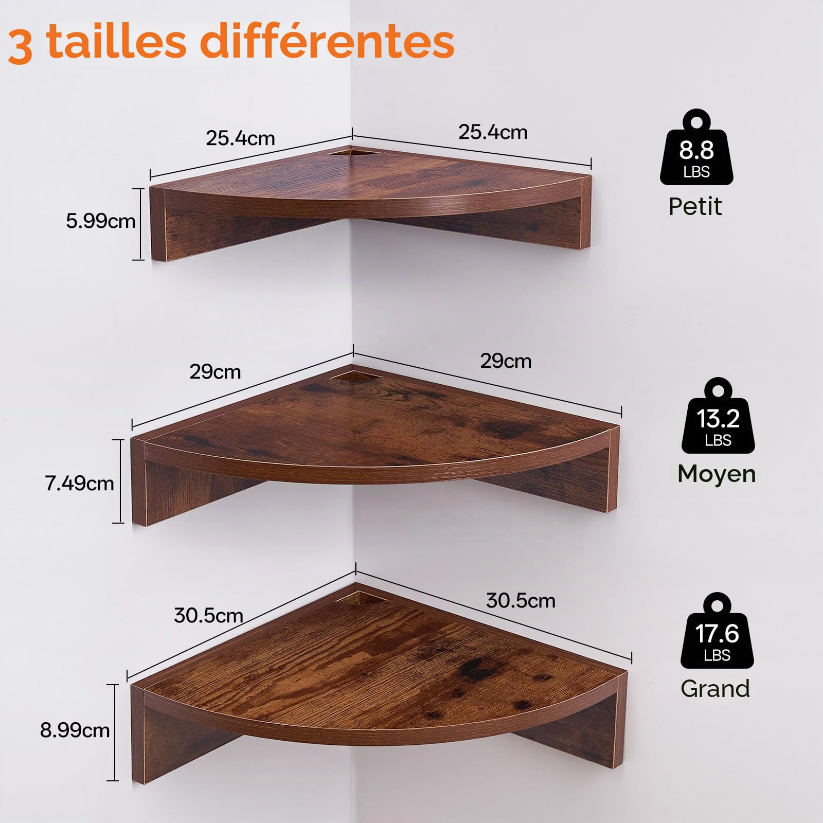 Lot de 3 étagères d'angle suspendues en bois rustique flottant avec trou pour fil de fer - Style vintage maison de campagne - Pour chambre à coucher, salon - Marron