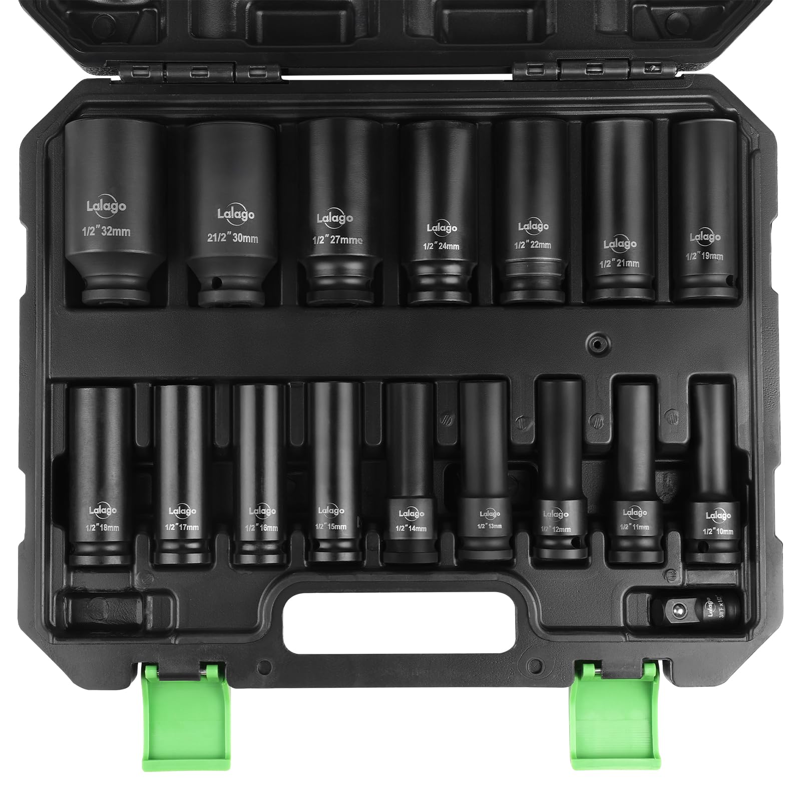 LALAGO 17 piezas Llaves de Impacto de 1/2" Pulgada 10-32mm, Juego de Llaves de Impacto Profundas CR-V, Juego de Vaso con Adaptador de 3/8'' a 1/2'' Métrico de 6 Puntas para Neumáticas y Eléctricas