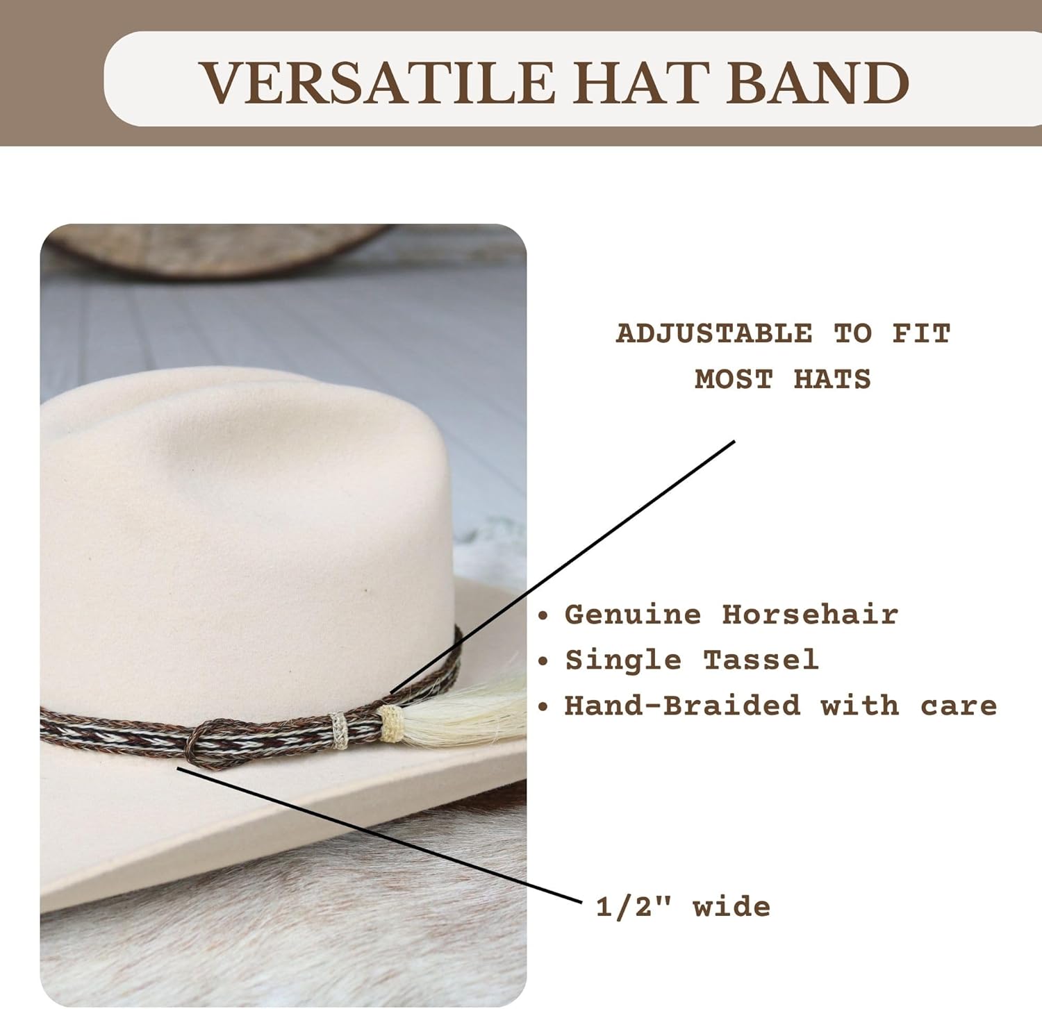 Paint Western Horsehair Hat Band – Adjustable Cowboy Hat Accessory with Single Tassel – Brown Pattern Braided Horse Hair Band for Felt & Straw Hats - Image 3