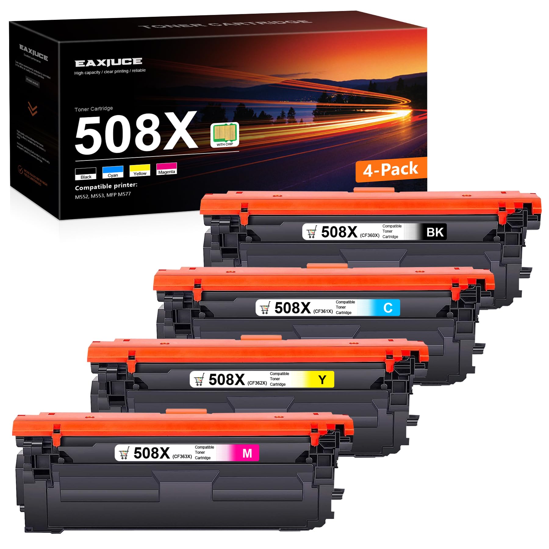 508X CF360X CF361X CF362X CF363X Toner Cartridges Replacement for HP 508A 508X Cyan, Magenta, Yellow Toner Cartridges (4-Pack) | Color Enterprise M553x M553dh, MFP M577f M577c M577dn Printer Ink