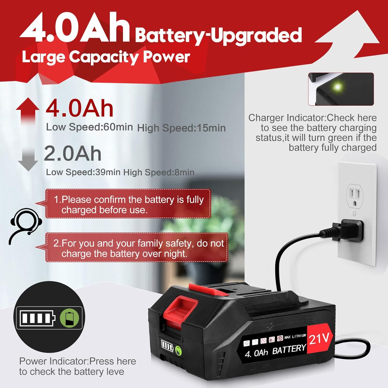 Electric Leaf Blower Cordless 21V, 320 CFM 180 MPH Battery Powered Leaf Blower with 4000mAh Battery and Charger, 2 Section Tubes, 6-Speed Dial Control Leaf Blowers for Lawn Care, Snow, Debris, Dust