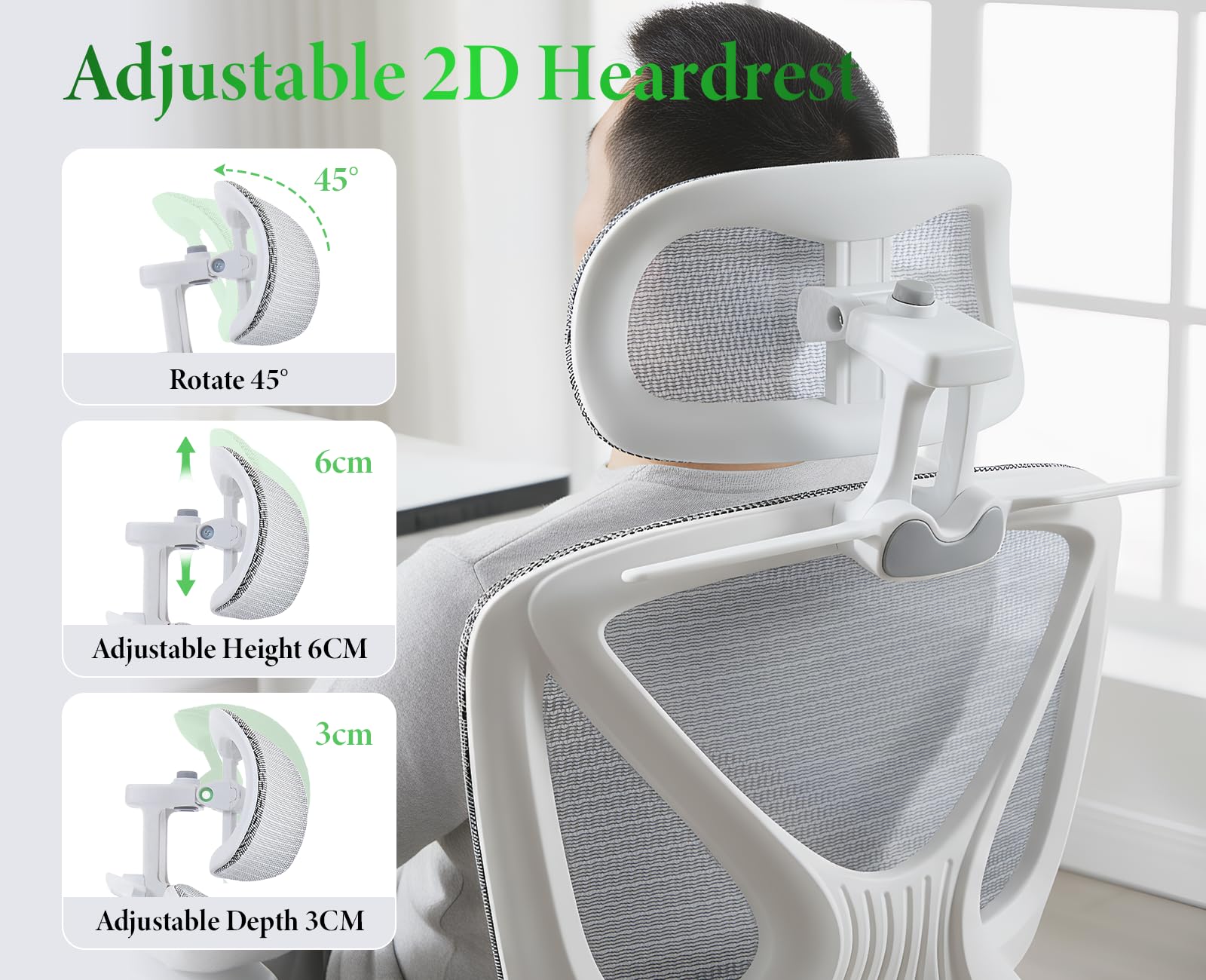 Silla de oficina ergonómica con reposacabezas ajustable, soporte lumbar, reposabrazos abatible, reposapiés giratorio, silla de computadora para el hogar, estudio, trabajo, color gris