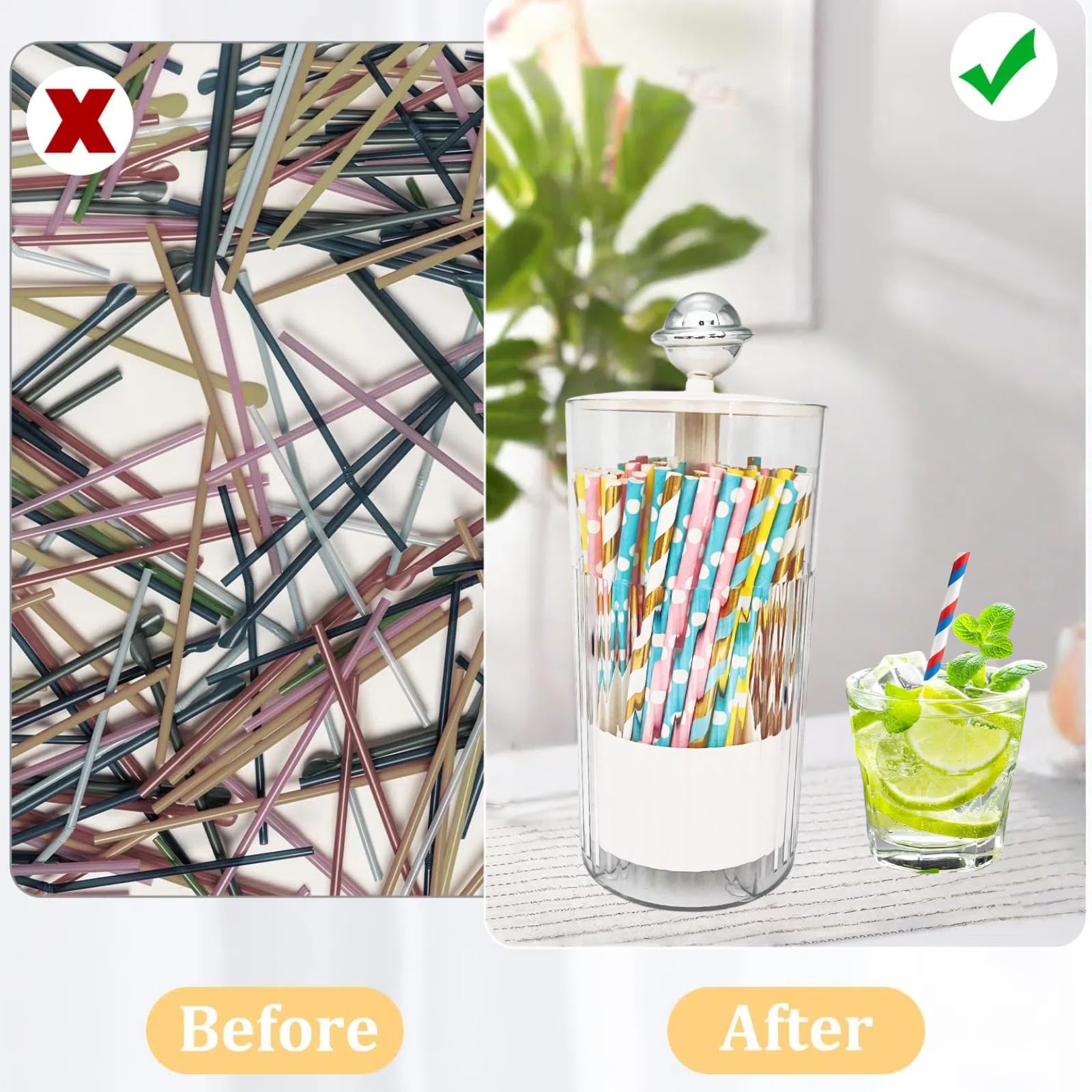 Bnrkmeb 7.8 Inch Short Straw Dispenser,Straw Holder for Counter,Straw Organizer for Cabinet,Acrylic Organizer that Can Automatically Open and Close By Hand Pressing (White)