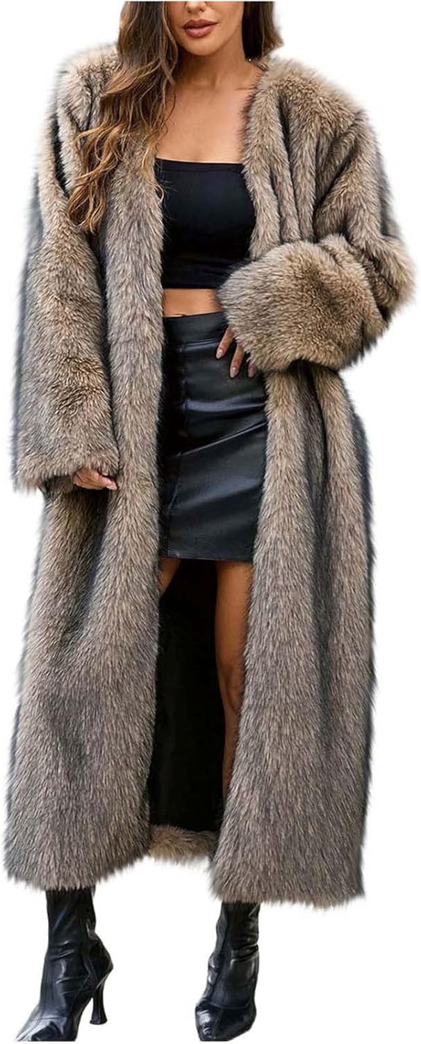 Long Faux Fur Coats for Women Winter Long Sleeve Warm Open Front Overcoats Shaggy Plush Dressy Casual Jackets
