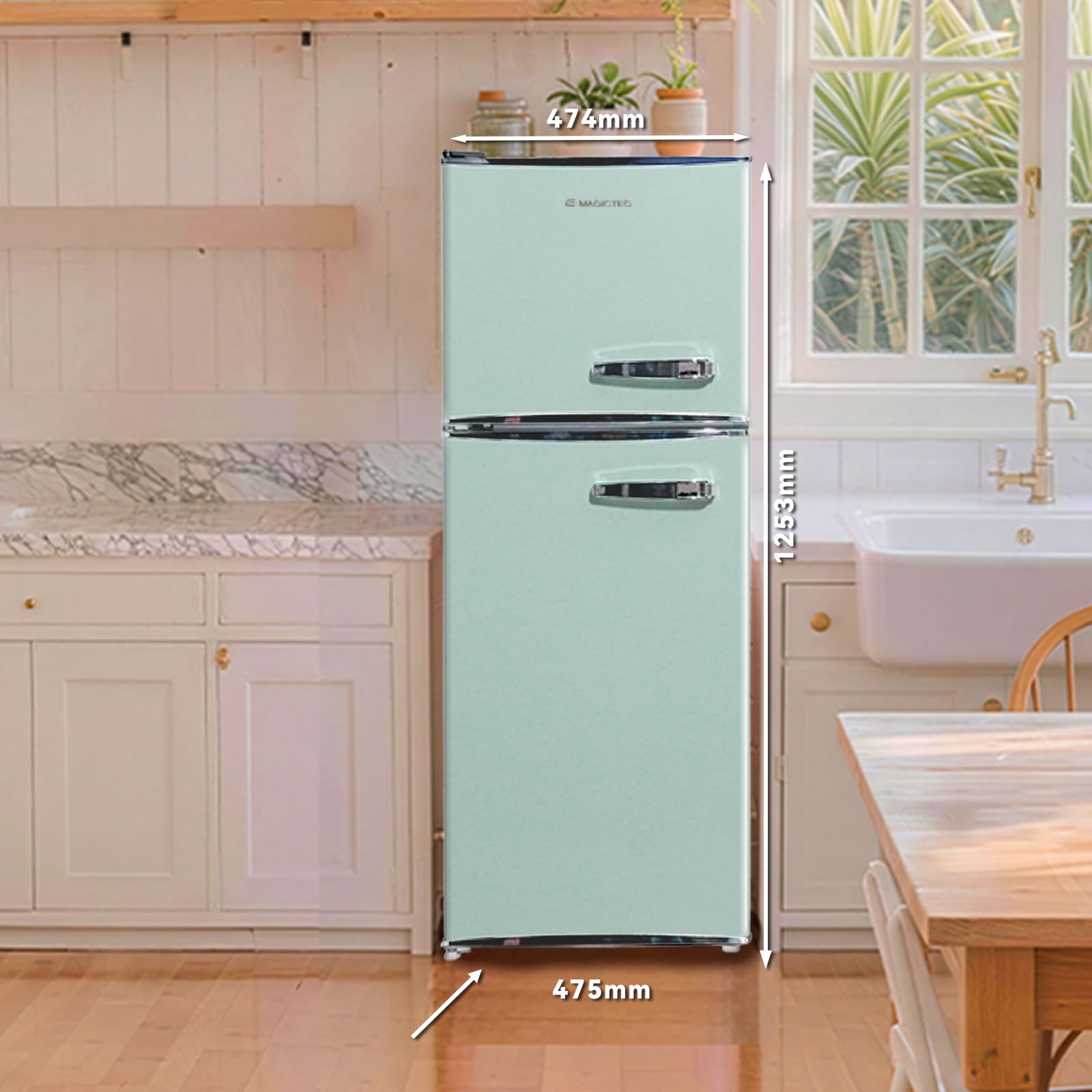 Magictec Retro Kühlschrank mit Gefrierfach 120L Low Frost Kühl Gefrier Kombination Vintage Design LED Beleuchtung Matcha-Grün