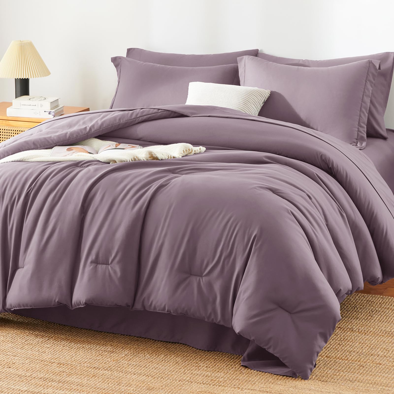 HIMEET Queen Comforter Set, 7-Piece Point-Quilted Bed in a Bag, Dusty Purple