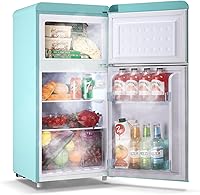 DEMULLER 100L Retro Mini Fridge with Top Freezer, Mint Blue - Adjustable Glass Shelves, 7 Temps, Quiet Compressor