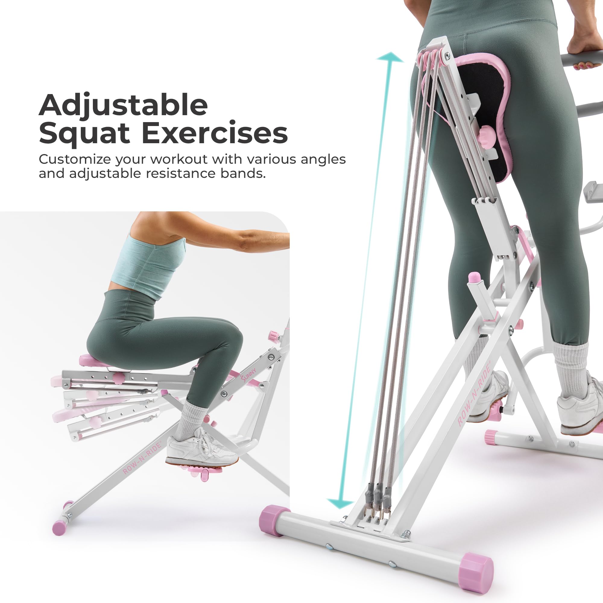 Sunny Health & Fitness Row-N-Ride Squat Assist Trainer dla pośladków i treningu cardio całego ciała z regulowanym oporem, opcjonalny pełny ruch i inteligentna funkcja z bezpłatną łącznością z