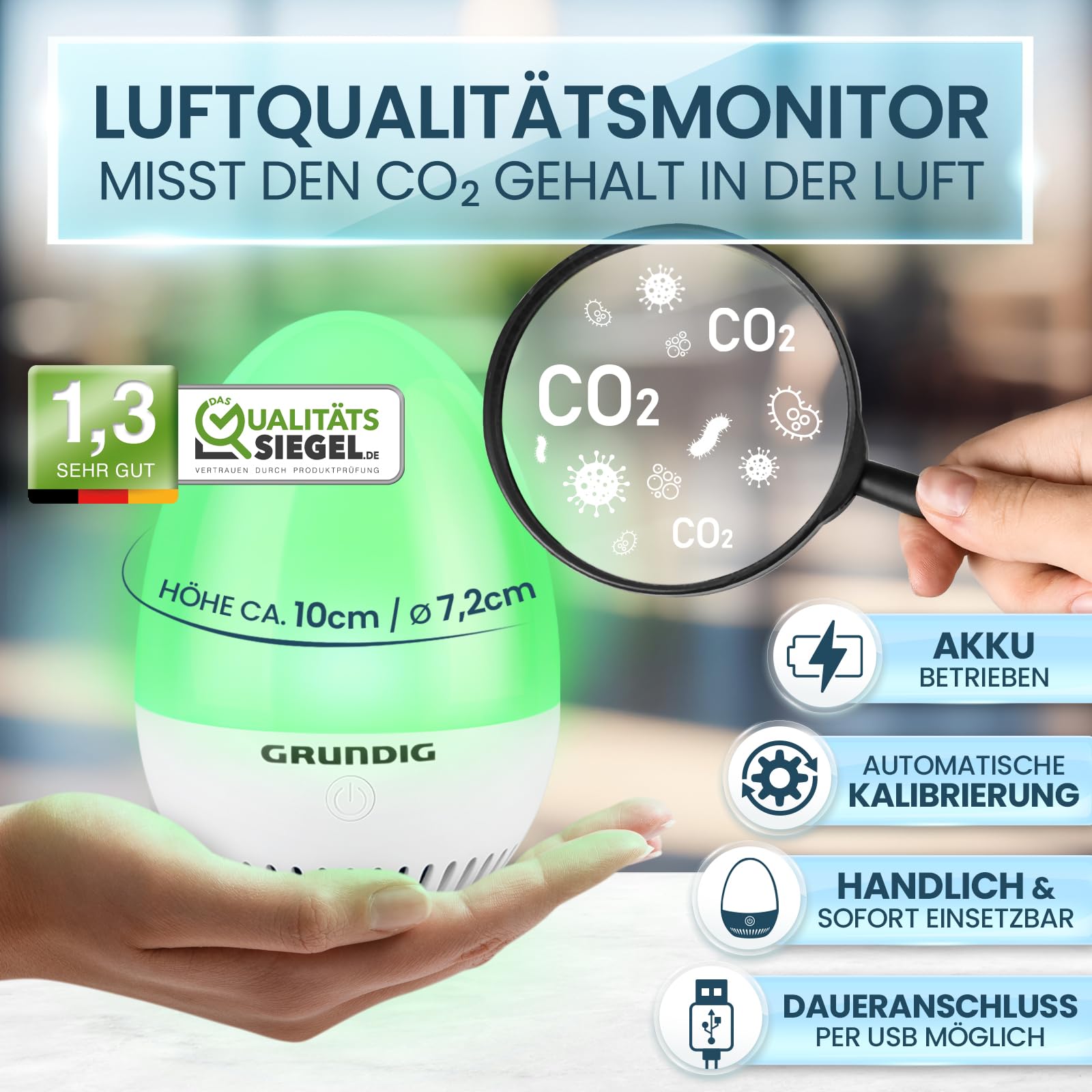 GRUNDIG CO2 Messgerät Ampel Kalibrierungsautomatik Akku Betrieb Signal für Stoßlüften mobiles Luftqualität Messgerät