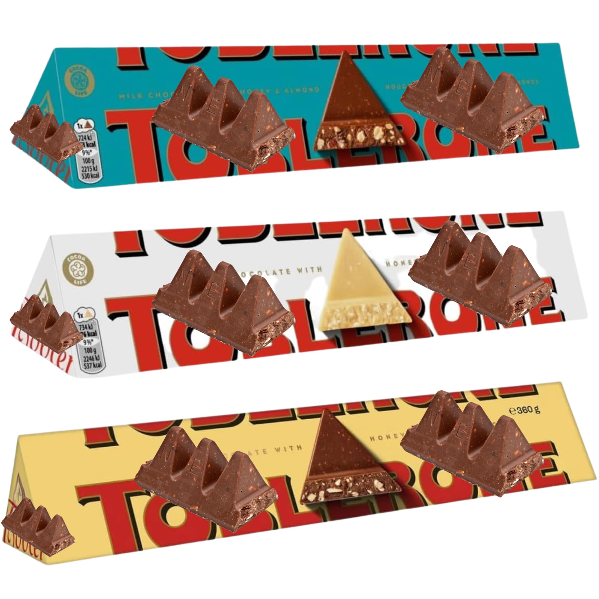 Credo Gifts Crunchy Almonds Chocolate Bar 360g with White Chocolate Bar 360g & Milk Chocolate Bar 360g - Bundle Consisting of Mixed Toblerone x3 Packs