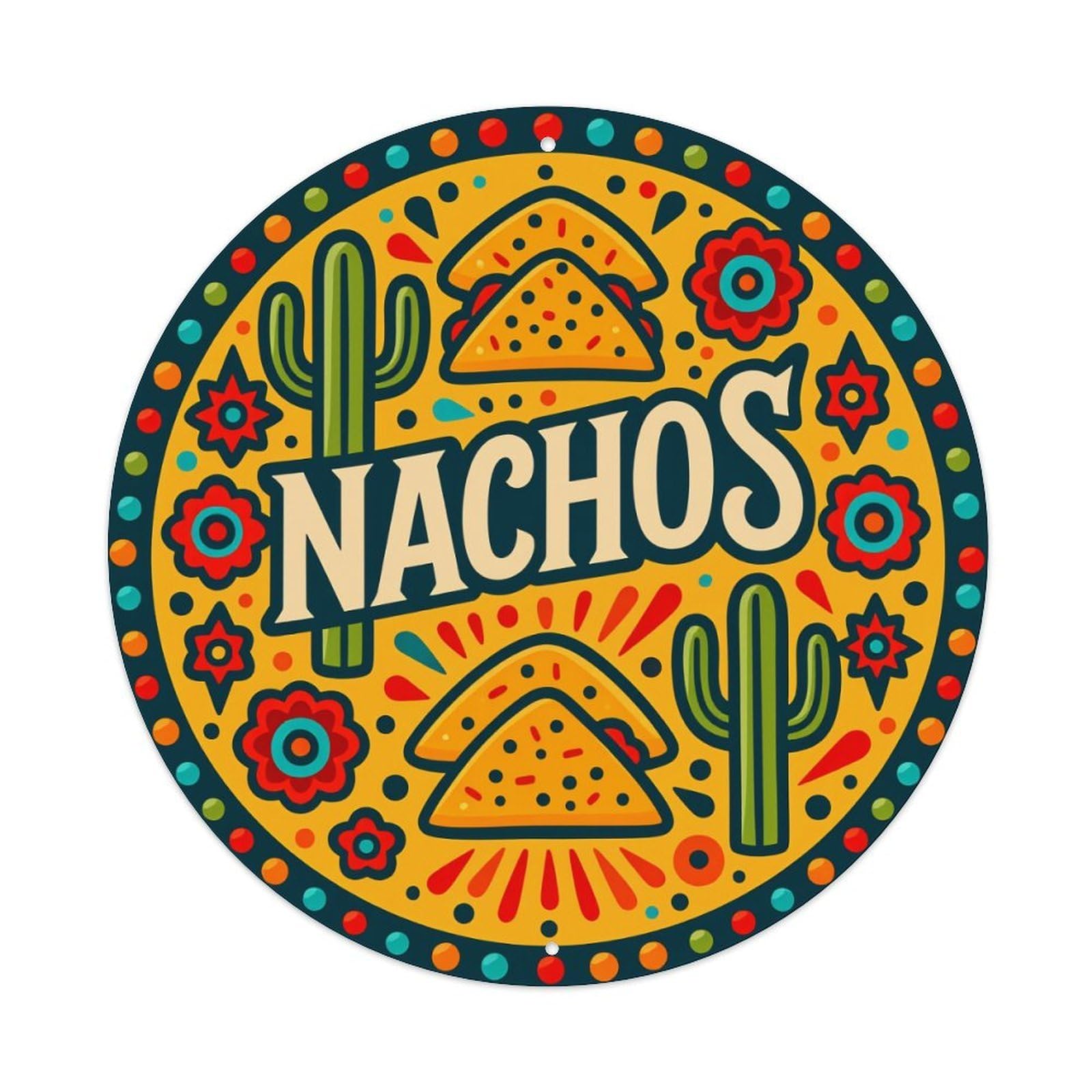 Colorful Mexican Style Nachos Design Round Tin Sign Vintage Style Metal Sign Home Bar Garden Wall Plaque Decor Metal Poster 8x8 Inch