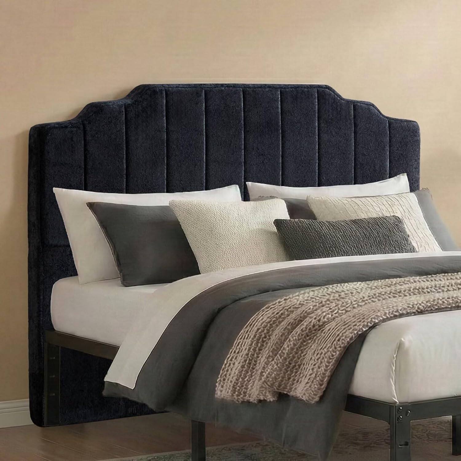 CozyMine Queen Black Velvet Headboard - No Assembly Pure Sponge, Tucks Between Bed & Wall, Stepped Crown Vertical Stripe