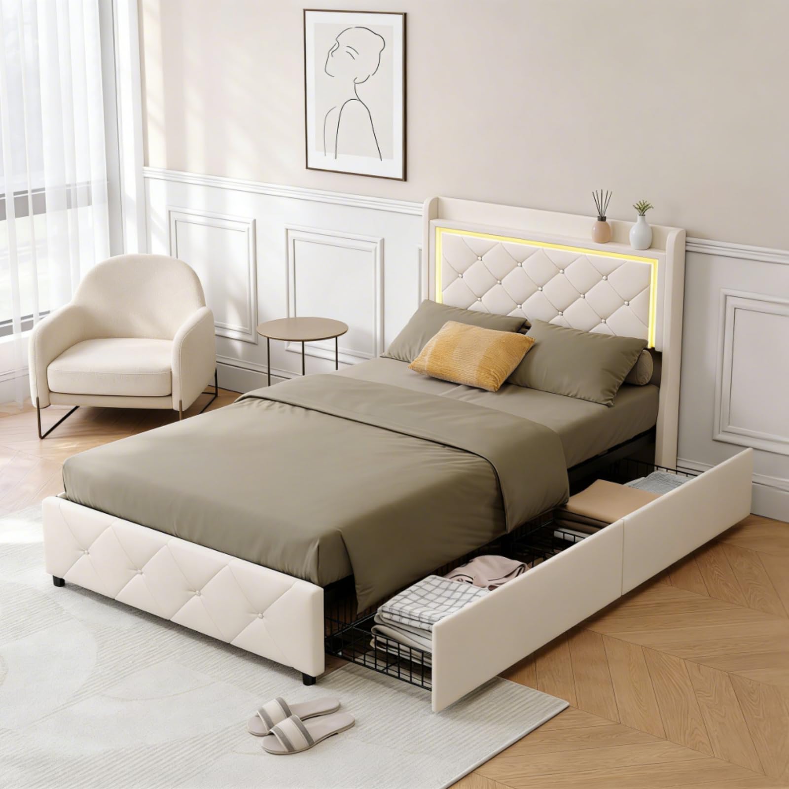 Letto imbottito singolo, 90 x 200 cm, con LED e USB, per bambini con 2 cassetti, con testiera e rete a doghe, in velluto, senza materasso (beige-B)