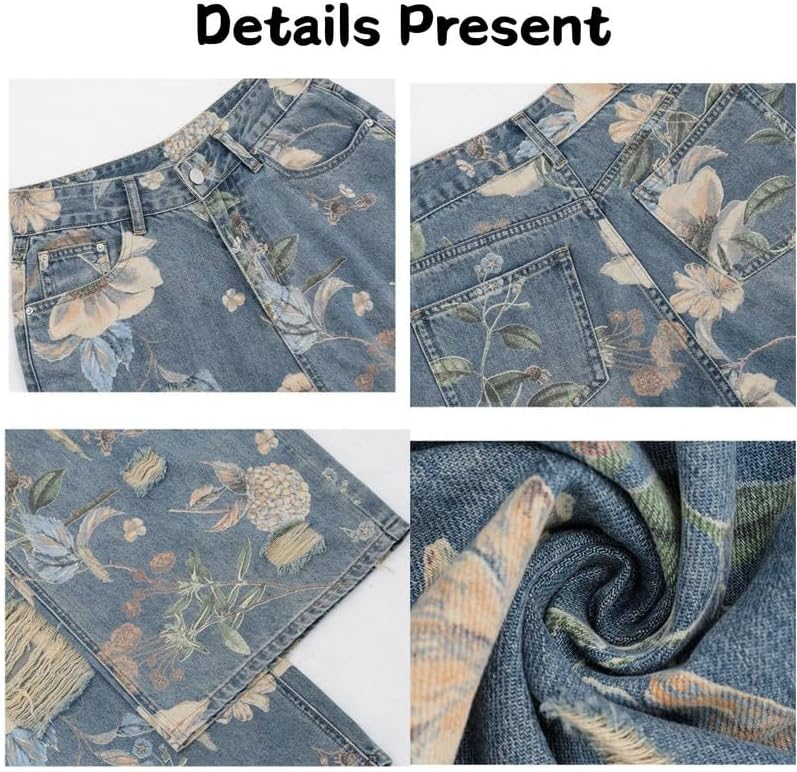 Y2K Jeans for Women Baggy Vintage Flower Ripped Pants High Waisted Grunge Coquette Jeans Straight Wide Leg Clothes - Image 5