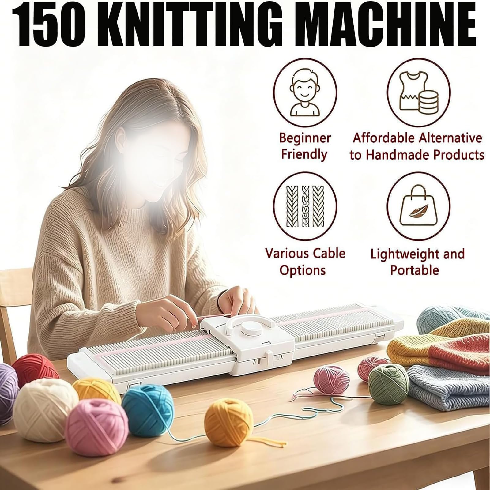 Machine à tricoter, 6,5 mm, kit de tissage automatique avec aiguilles et accessoires, adapté aux débutants, fonctionnement fluide et silencieux pour projets de chaussettes, chapeaux, écharpes et pulls