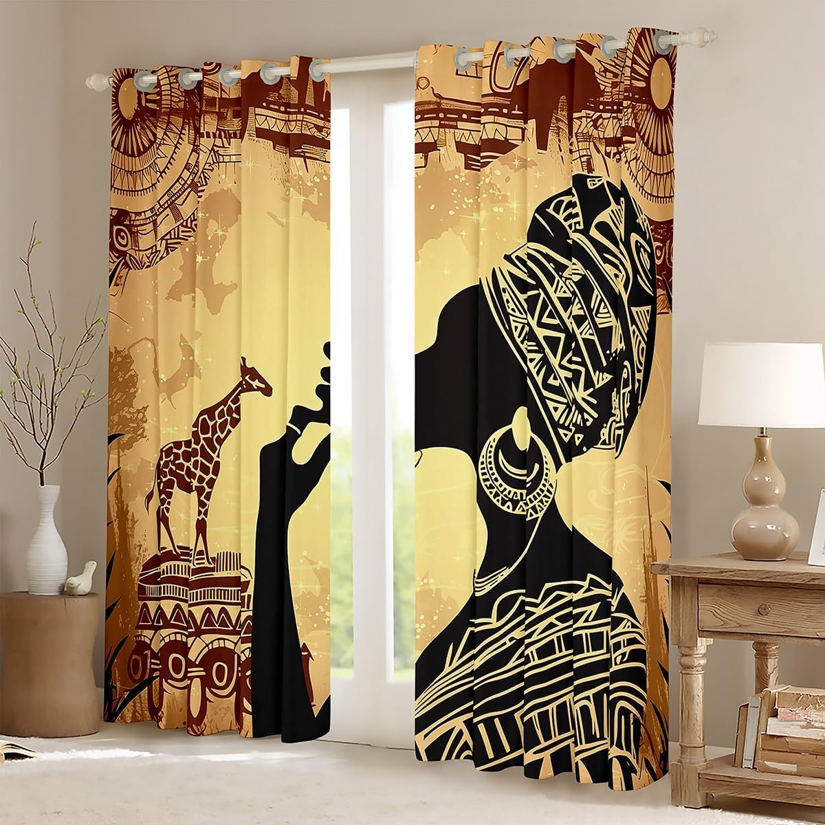 African Woman Print Darkening Window Drapes African Woman Themed Curtain African Pattern Blackout Curtains(30%-50% ) for Bedroom Ethnic Afro Decor Window Treatments Decor (2 Panels, 38 x 45 Inch)