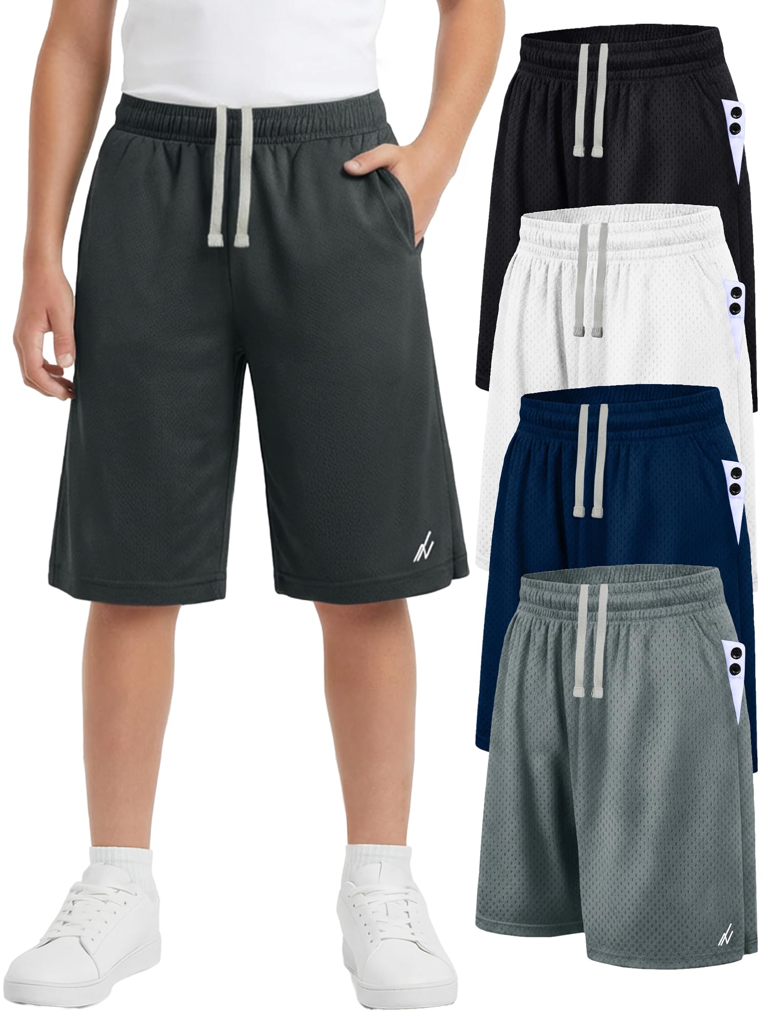 NY Threads 5 Pack Boys Athletic Shorts Quick Dry Lightweight Basketball Shorts for Kids Youth with Pockets and Drawstring, Large, Black/White/Dark Grey/Medium Grey/Navy