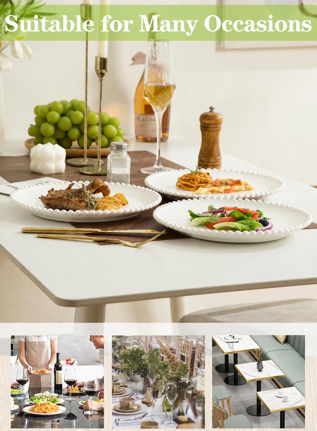 Lot de 8 assiettes à salade rondes en porcelaine de 26,7 cm, résistantes aux rayures, passent au micro-ondes, au four et au lave-vaisselle, blanc à pois perlés