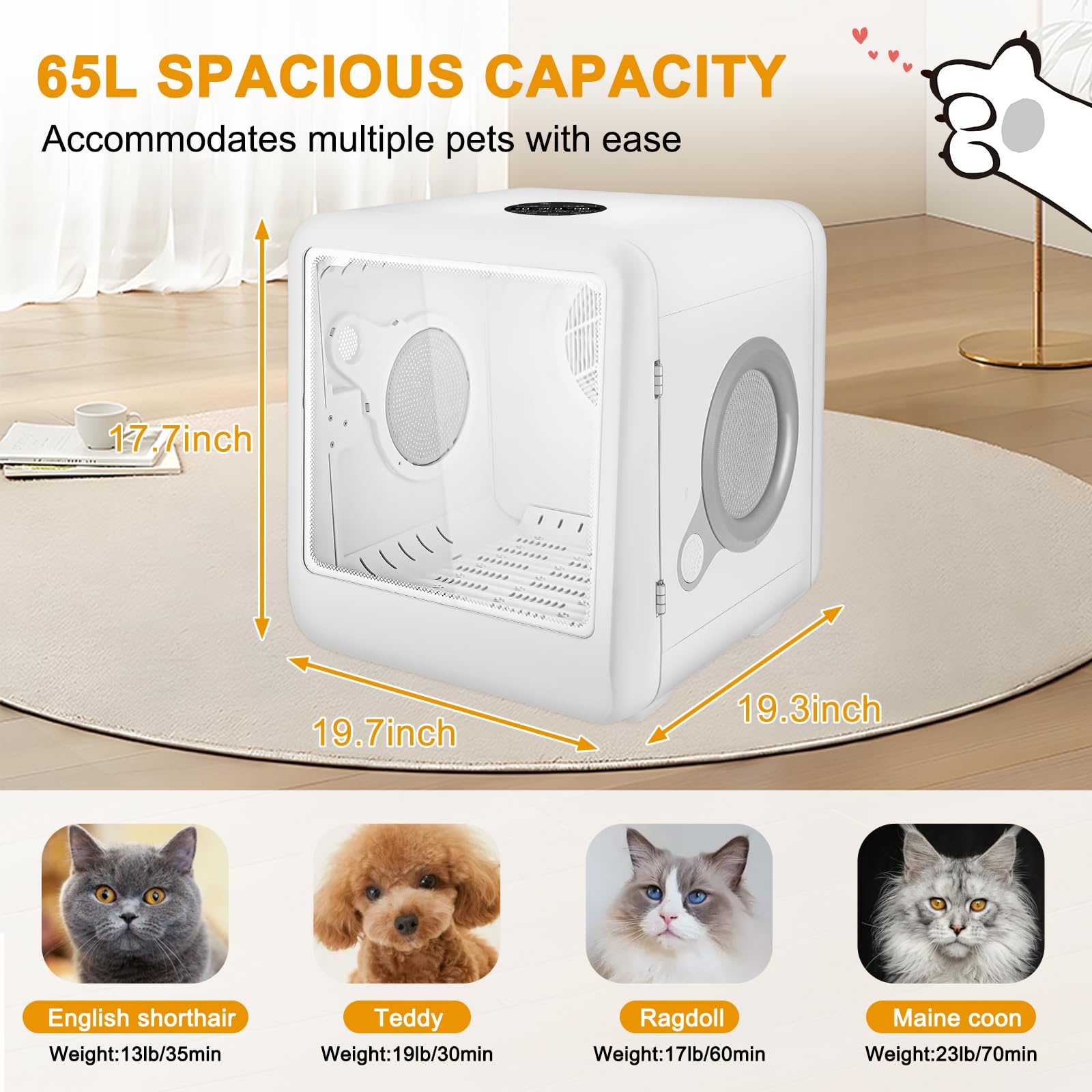 Acesidn Cat Hair Dryer-65L Pet Dryer Box for Cats,Dogs and Small Pets,4 Quick-Set Modes /Ultra Quiet /Adjustable Temp. and Timer,Cat Bed Convertible