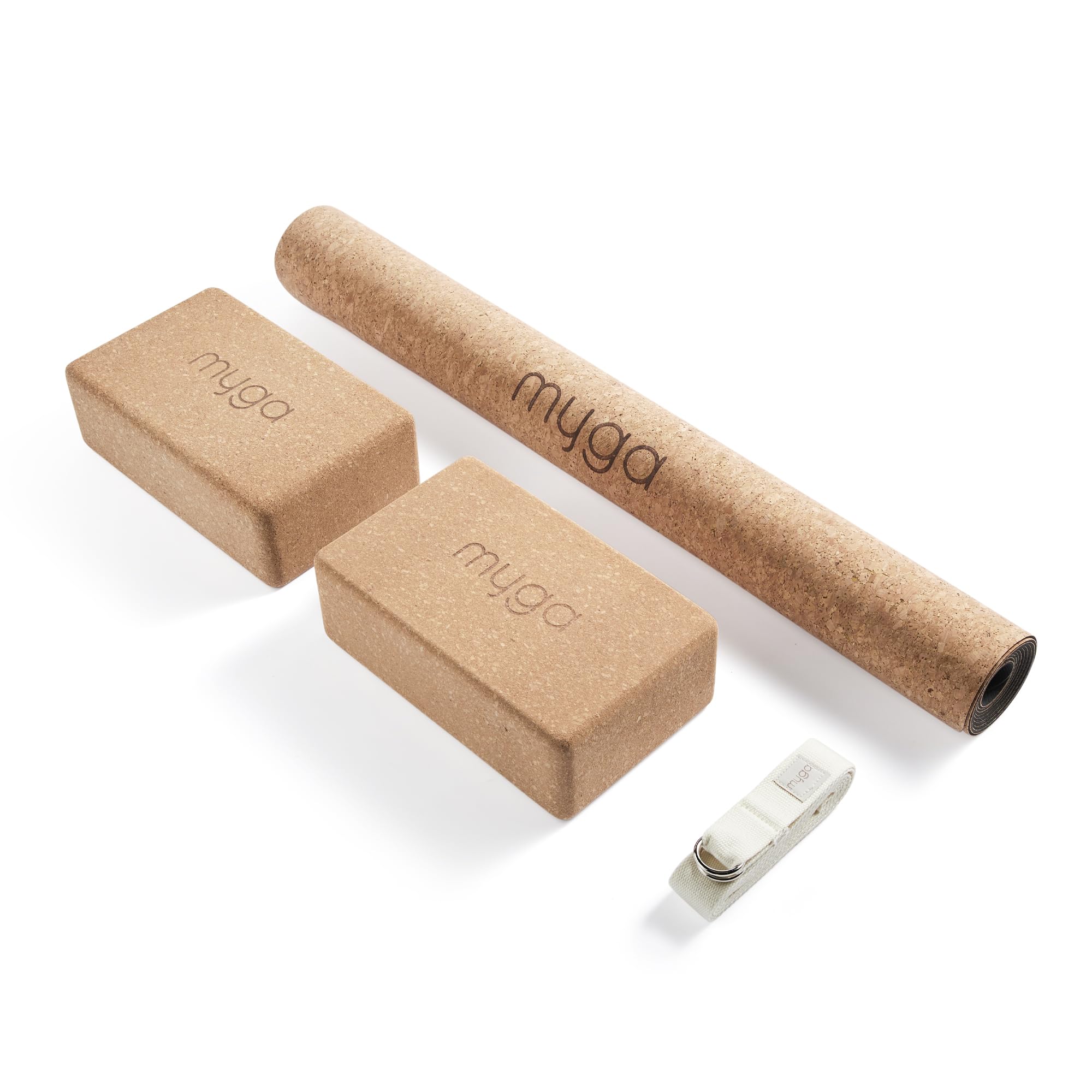 Myga Cork Yoga Starter Set - Cork Yoga Mat, 2 Cork Yoga Blocks and Yoga Strap - Starter Kit with Mat, 2 Bricks & Metal D Ring Belt for Hot Yoga, Pilates & Fitness - Home Studio Gift (Cream)