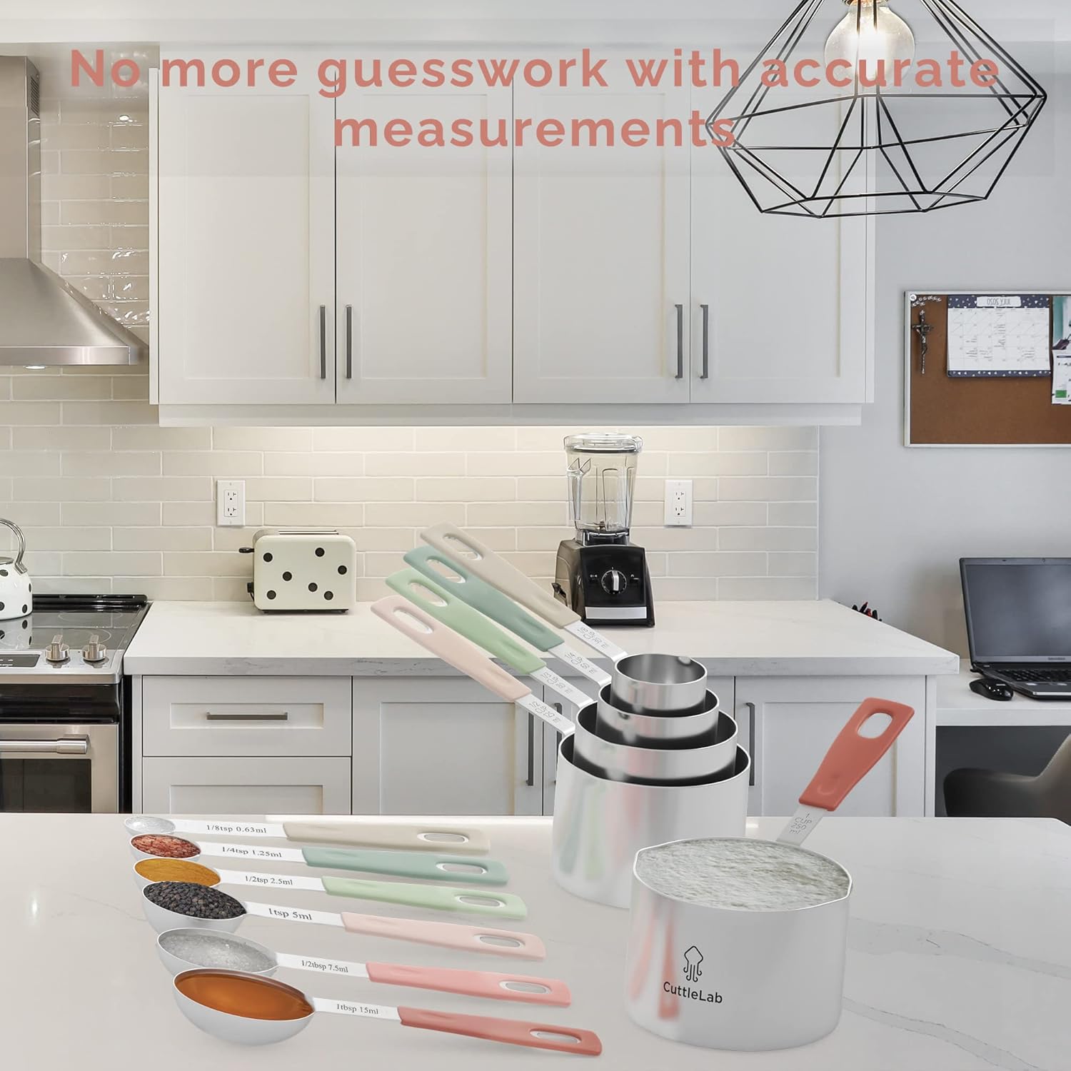 CuttleLab Measuring Cups and Measuring Spoons Set of 14 - Stainless Steel Measuring Cups and Spoons Set, Includes 1/8 Teaspoon Measuring Spoon, 1/8 Cup Measuring Cup, Leveler Dry (14, Country Chic)
