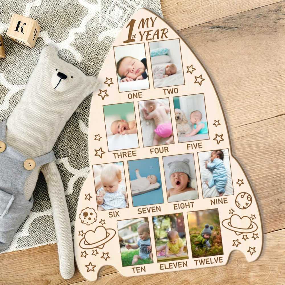 ORIGACH Rocket Shape My First Year Baby Growth Photo Display Board, 12 Months Newborn Milestones Wood Keepsake Board for 1st Birthday & Nursery Decor, Star & Heart Pattern