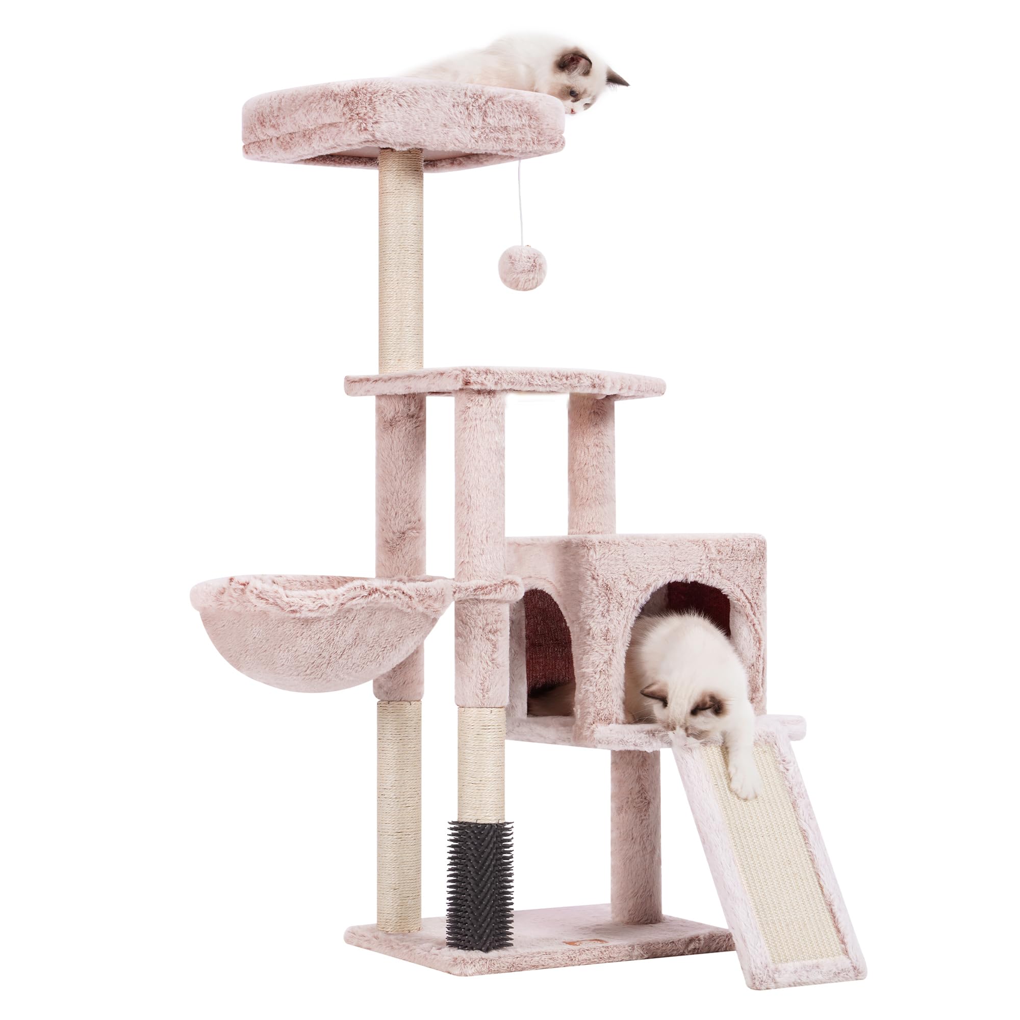 Heybly Cat Tree with Cat Self Groomer Brush, Cat Tower Condo for Indoor Cats with Padded Plush Perch, Cat House with Basket Scratching Board Post, Muchroom HCT005SMU