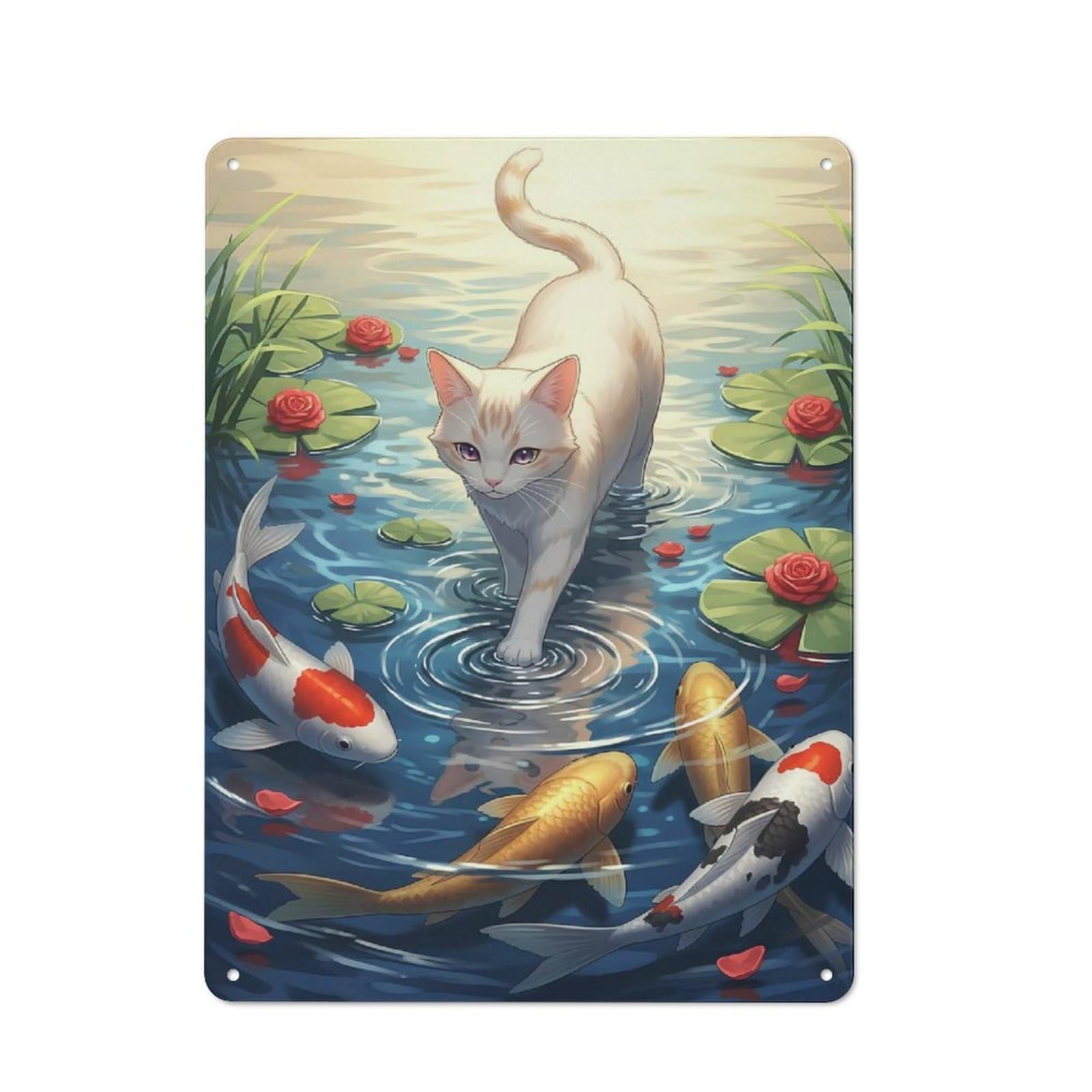 Junmoney Style-5 For Hobby Room Or Studio, Cat And Koi Pond Serenity Retro Tin Sign 40X30cm, Gift For Creative Interior Collectors During The Christmas Season