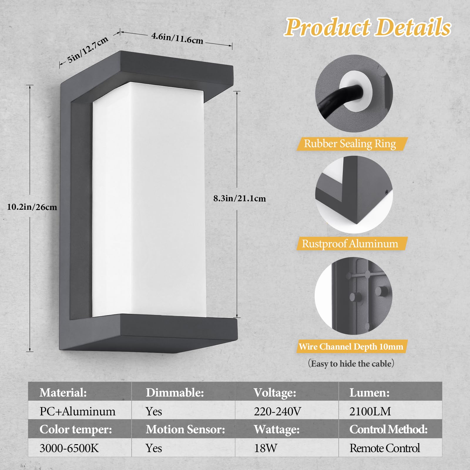 YindaLux Outdoor Lamp with Motion Sensor, LED 18W Outdoor Wall Light with Remote Control, IP65 Modern Indoor Wall Light - Image 4