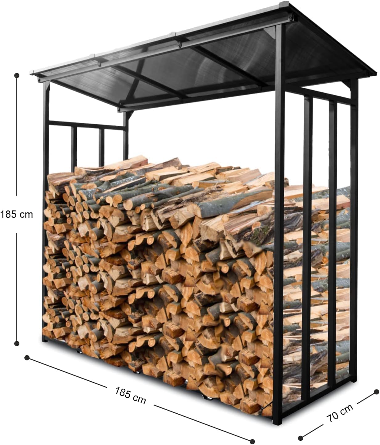 WIELS® Kaminholzregal außen 185x70x185cm, Brennholzregal außen XXL, Metall Kaminholzregal, Garten Kaminholzunterstand 3,3 SRM / 2,3m³ Kaminholzlager, Holzlager (Mit Wetterschutz, 185x70x185cm)