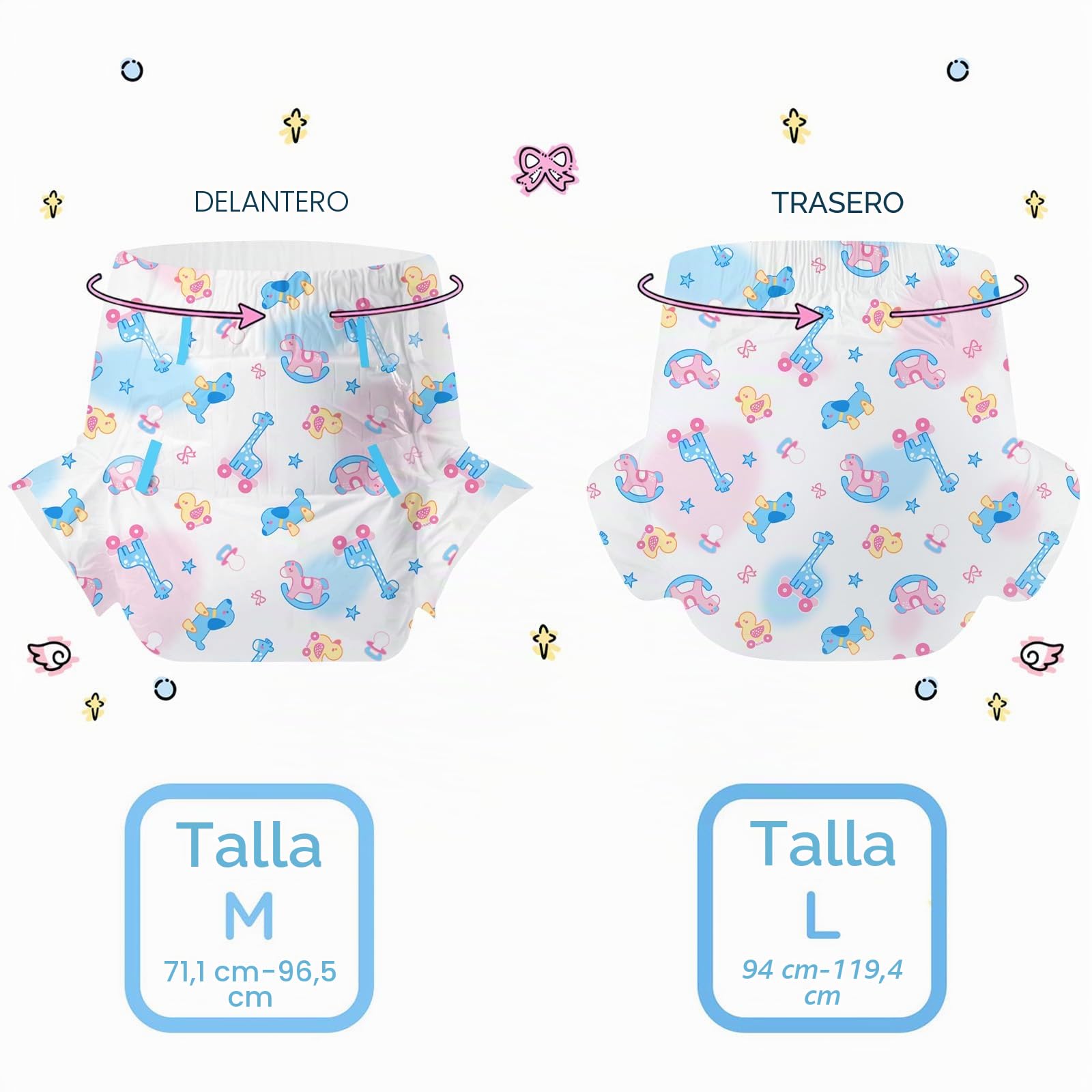CutiePlusU Pañales para adultos 10 unidades, slips desechables para incontinencia con tirantes para mujeres y hombres, máxima absorción durante la noche - Rocking Fun（M 71-96CM)