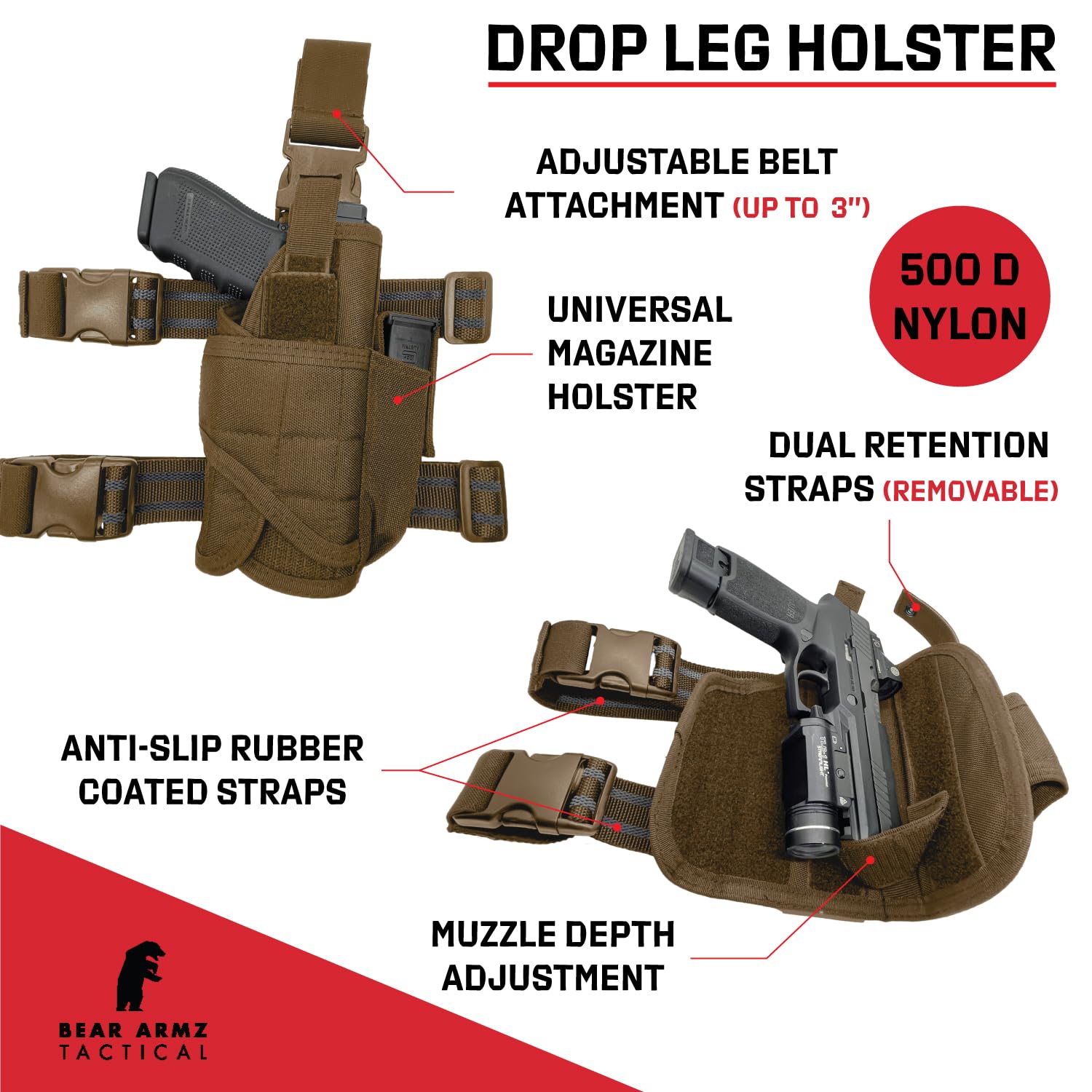 Bear Armz Tactical Universal Drop Leg Holster 500D Nylon | American Company | Thigh Holster Mag Pouch | Adjustable Gun Holster Fits Any Pistol | Sig, Glock, S&W (Coyote Brown, Right Handed (OWB))