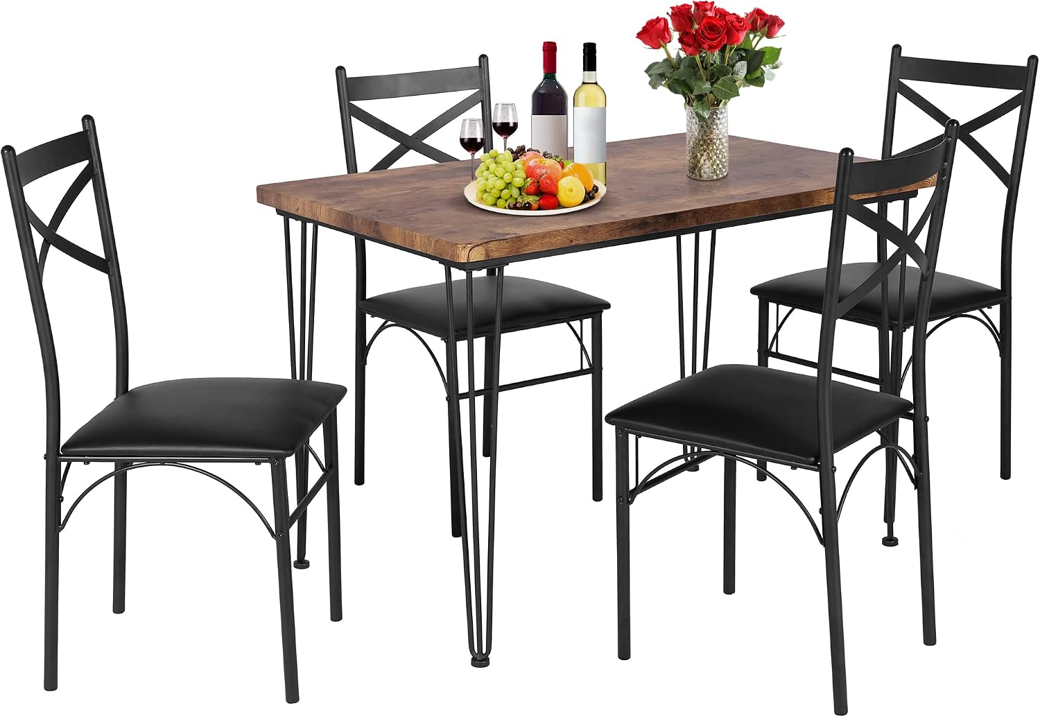 VECELO 5-Piece Dining Table Set for Home Kitchen Breakfast Nook, 4, Rustic BRN